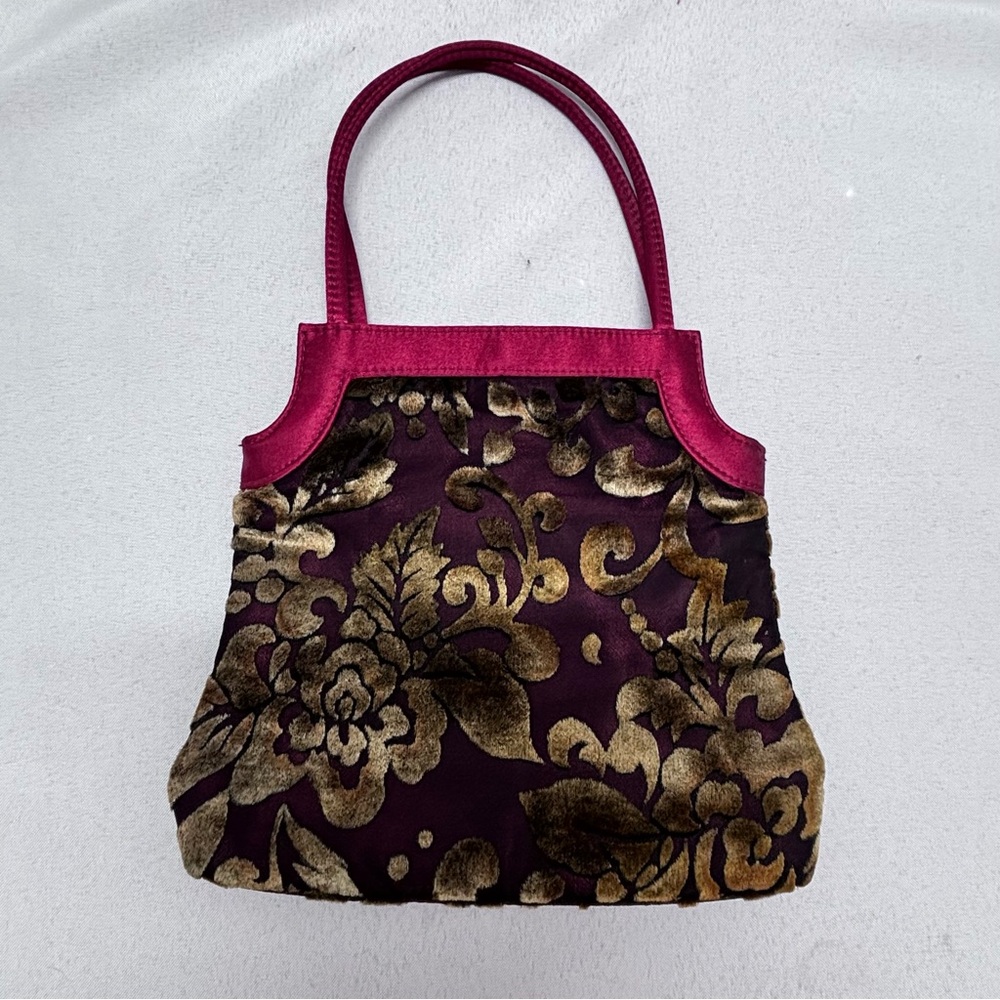 Victoria’s Secret Bag Art Deco Purse Burgundy Velvet W Red Satin Edge Floral